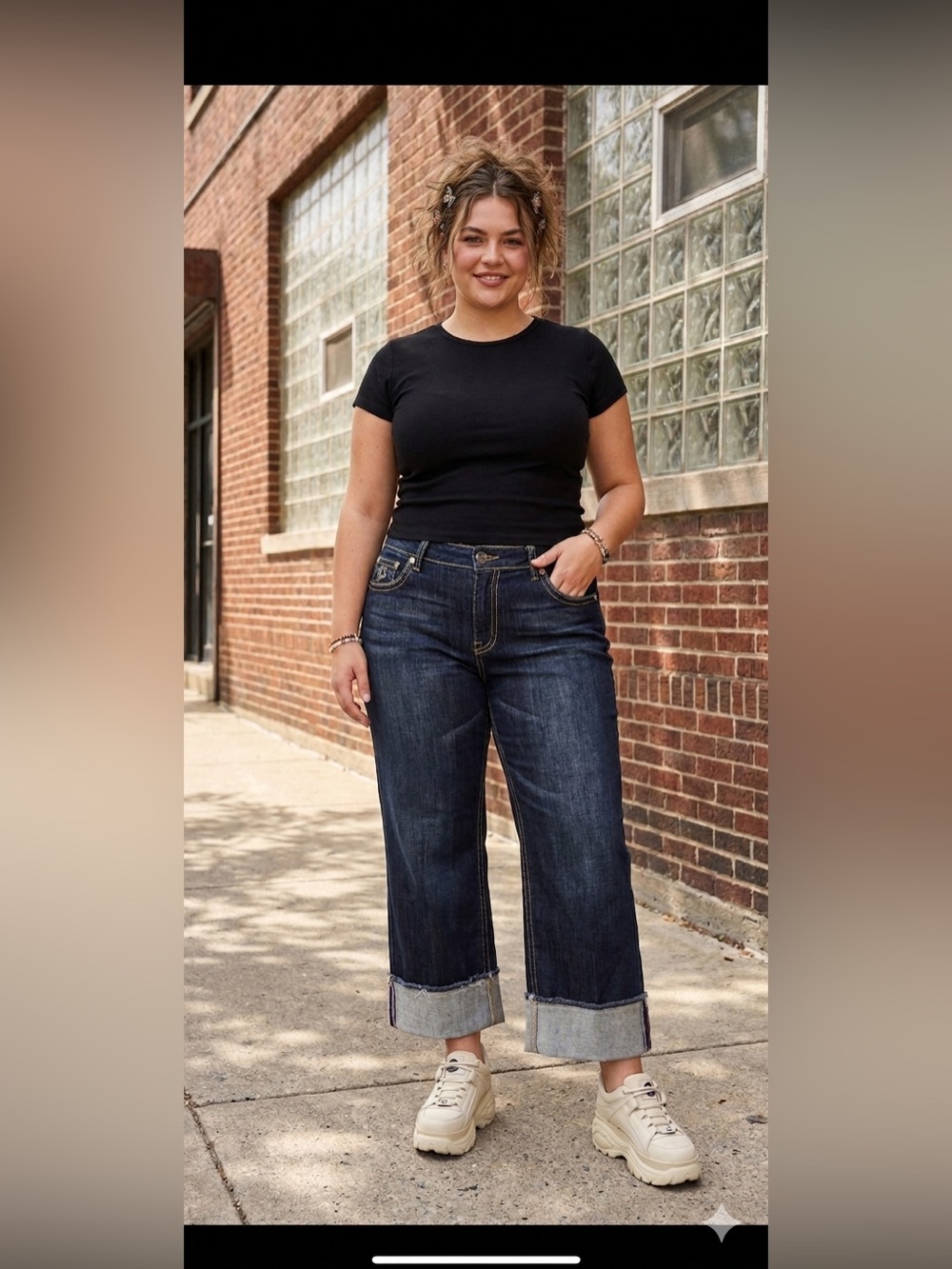 Bisou Bisou Jeans Womens 14 Dark Wash Wide Leg Cuffed Denim Floral Waistband Y2k